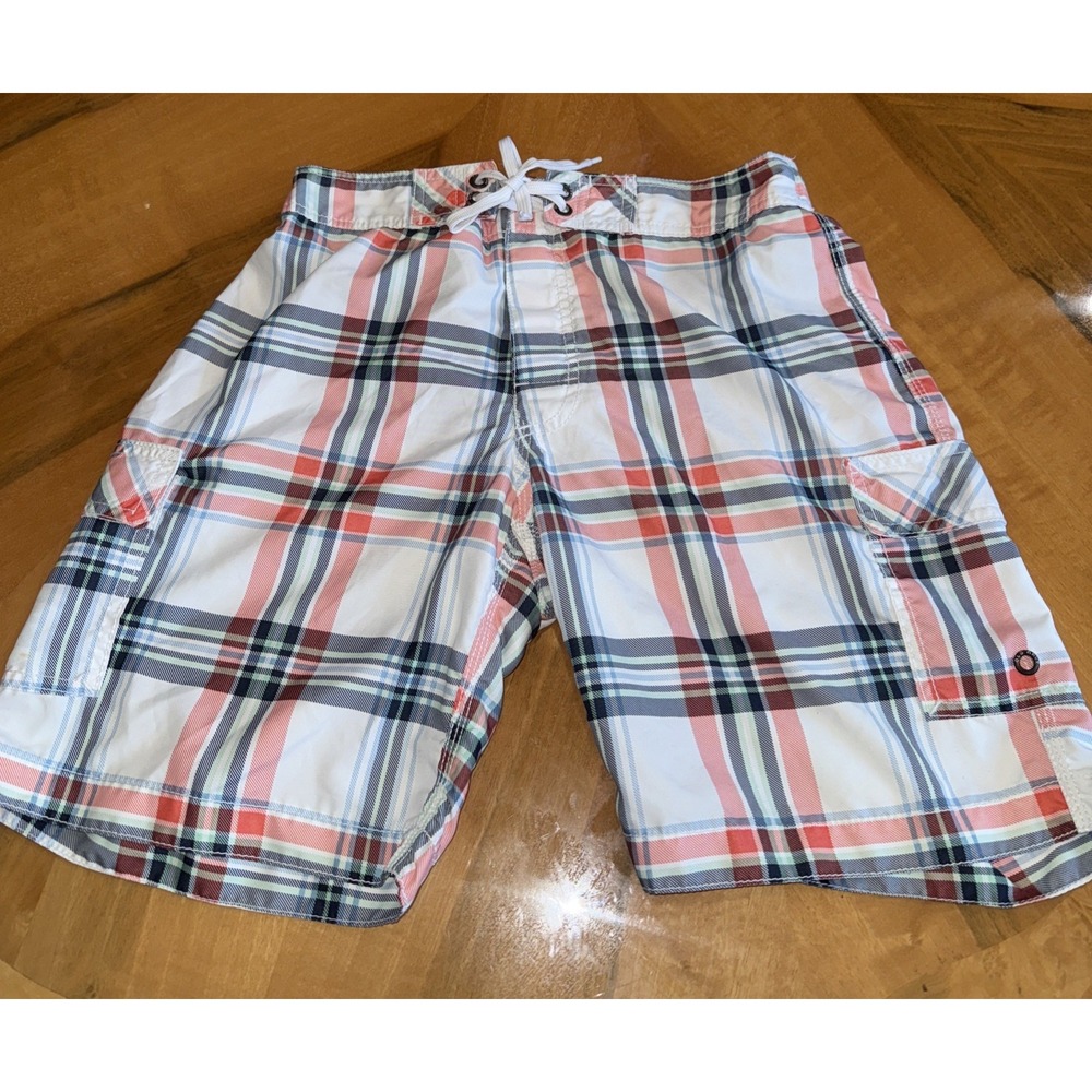 Old Navy Plaid‎ Red White Lined Swim Board Shorts Mens Size Medium